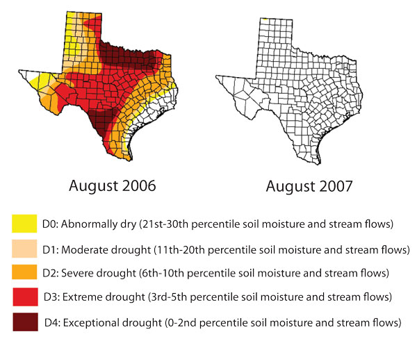 Texas 2005-2006 drought map, compared to 2007