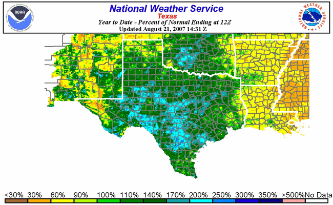 Texas Rainfall Jan-Aug 2007